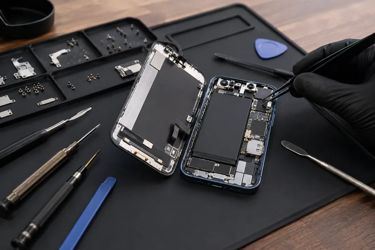 Rozebrany smartfon na macie serwisowej podczas wymiany ekranu lub baterii