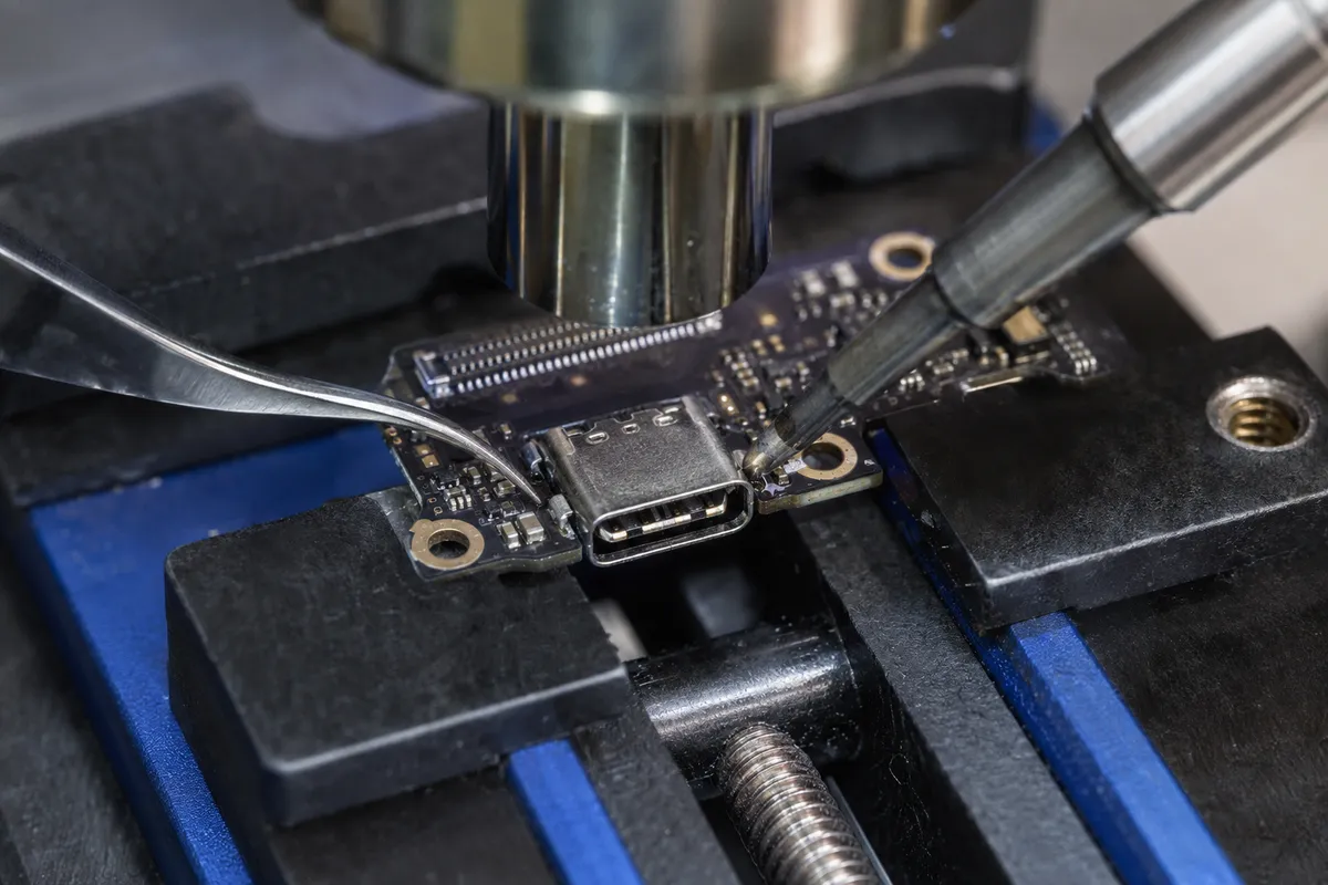 Precyzyjne lutowanie gniazda USB-C na płytce PCB pod mikroskopem